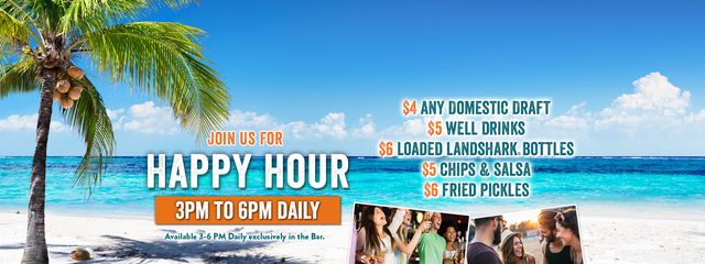 Join us for Happy Hour 3-6pm Daily includes $4 any domestic draft, $5 well drinks and more!