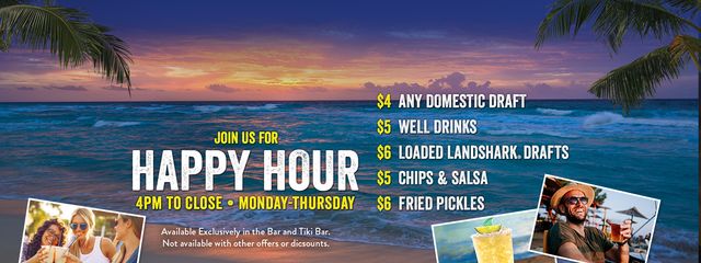 Join us for Happy Hour food and drink specials from 4pm until close $4 Domestic Drafts $5 Well Drinks $5 Chips n Salsa $6 Fried Pickles