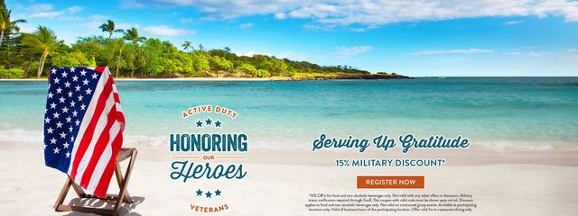 Serving up gratitude with 15% military discount for food and non-alcoholic beverages only. Not valid with any other offers or discounts. Military status  verification required through GovX. 