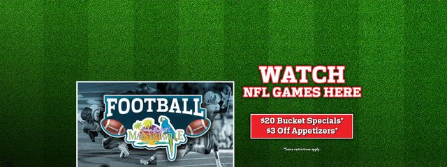 Watch NFL Games Here with $20 bucket specials and $3 off appetizers. Some restrictions apply.