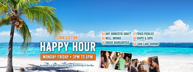 Join us for Happy Hour - Monday through Friday 3pm to 6pm includes $4 any domestic draft, $5 well drinks and $6 house margaritas!