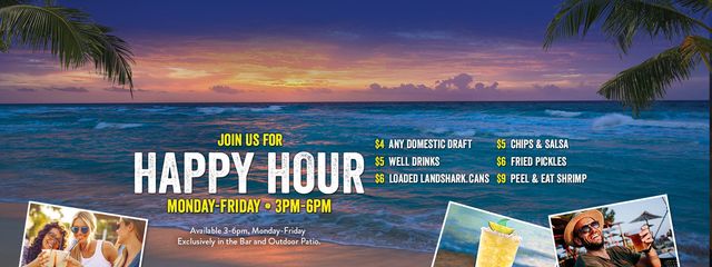 Join us for Happy Hour - Daily from 3pm to 6pm includes $4 any domestic drafts, $5 well drinks, $5 chips and salsa and more!