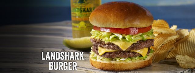Landshark burger with waffle chips and Landshark lager