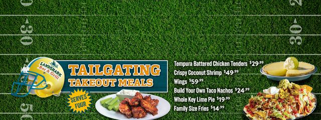 Tailgating Takeout Menu - Tempura Battered Chicken, Coconut Shrimp, Wings, Build Your Own Nachos, Key Lime Pie and Family Size Fries