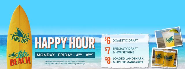 Join us for Happy Hour 4pm to 8pm Monday through Friday. $6 Domestic Draft Beer, $7 Specialty Draft and Wine and more!