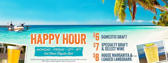 Join us for Happy Hour 12pm to 8pm Monday through Friday. $6 Domestic Draft Beer, $7 Specialty Draft and Wine and more!