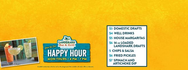 Happy Hour Mon-Thu 4pm - 7pm $3 domestic drafts $4 well drinks $5 house margaritas