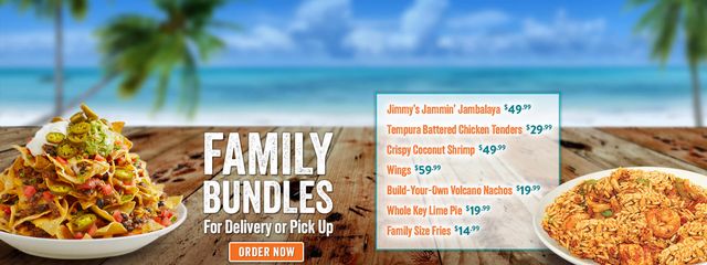 Family Bundles - For Delivery or Pick Up - Jimmy's Jammin Jambalaya, Tempura Battered Chicken Tenders, Crispy Coconut Shrimp, Wings, Build-Your-Own Volcano Nachos, Whole Key Lime Pie and Fmaily Size Fries