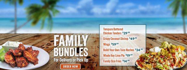 Family Bundles - For Delivery or Pick Up - Jimmy's Jammin Jambalaya, Tempura Battered Chicken Tenders, Crispy Coconut Shrimp, Wings, Build-Your-Own Volcano Nachos, Whole Key Lime Pie and Family Size Fries
