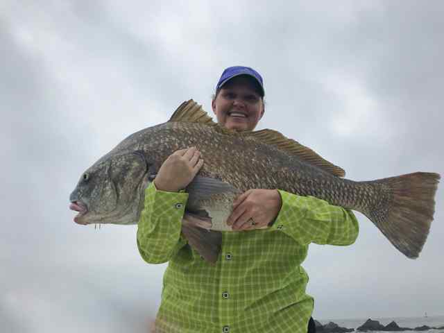 Candace Anderson Galveston North Jetty - 35 lb black drum, caught on blue crab, 15 lb test
