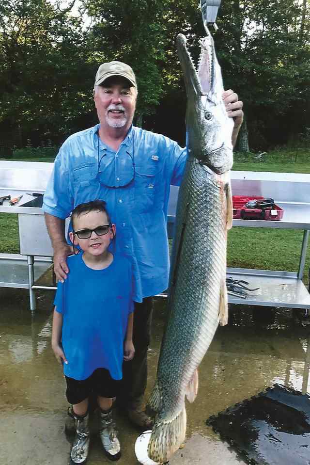 Kaden Ackley 74 lb first gar (alligator), caught with grandfather Van Sturdivant