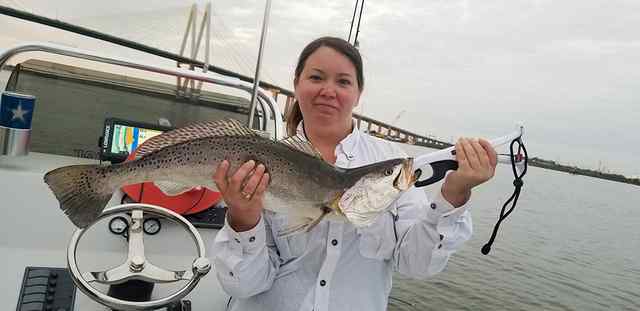 Karen Hariss Baytown Ship Channel, under Fred Hartman Bridge - 27.5" first trout!