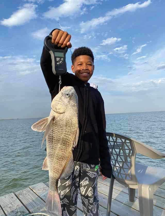 Theo McCollum, Jr. San Leon, Galveston Bay - 4 lb black drum, first catch!