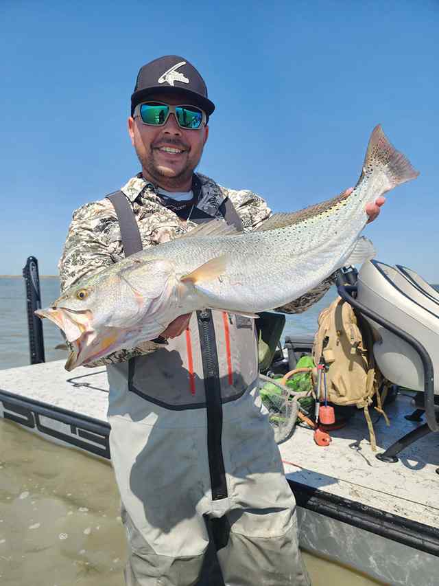 Mark Lopez Port Mansfield - 30.5" 8.5 lb trout CPR, caught on Purple and chartreuse curled tail hanging around upper slot redfish tailing on a muddy bank