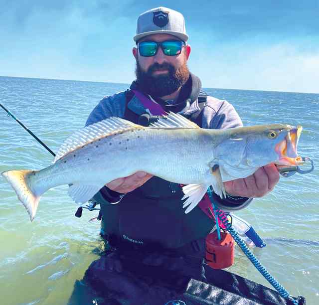 Steven Herrera 27.5" 6 lb personal best trout! Caught on a Texas Custom Double D (Crown Royal color)