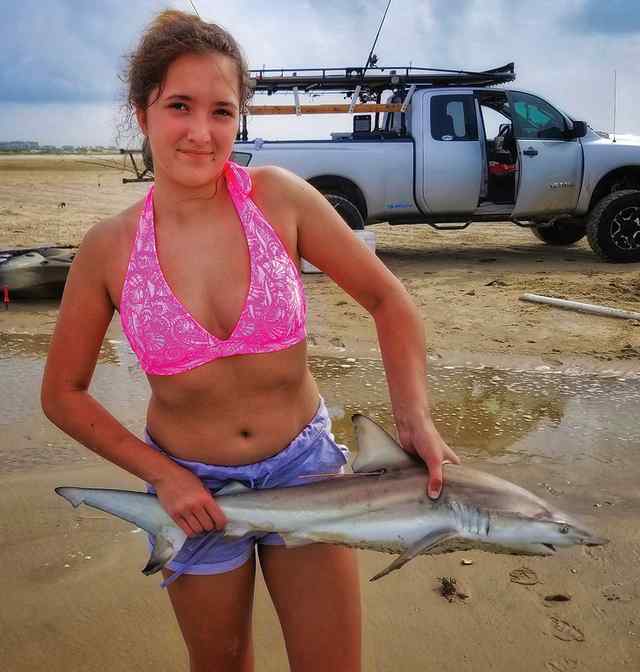 Rhiannon Lynch San Luis Pass - 34" first blacktip shark! Tagged and Fin Clipped for the Texas Shark Rodeo.  She is a junior angler  for the Texas Shark Research Team competing in the Texas Shark Rodeo.
