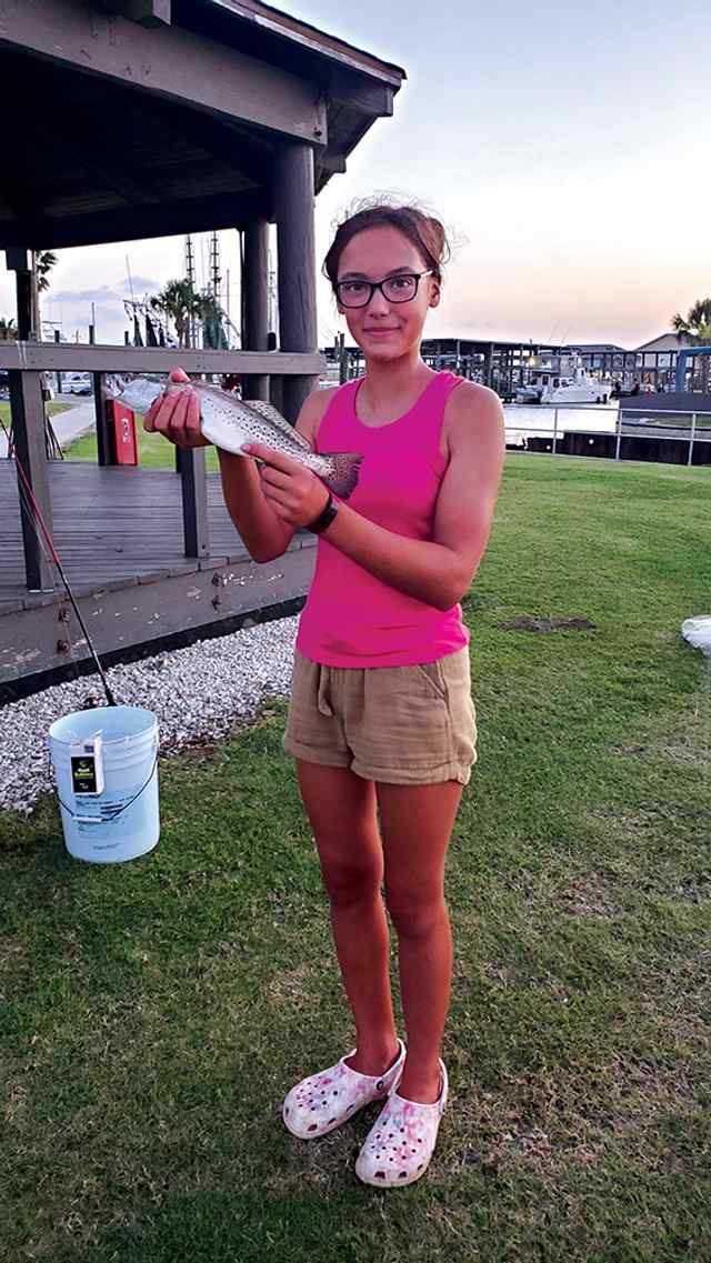 Temperance Souza Sabine Pass Shipping Channel - first speckled trout!