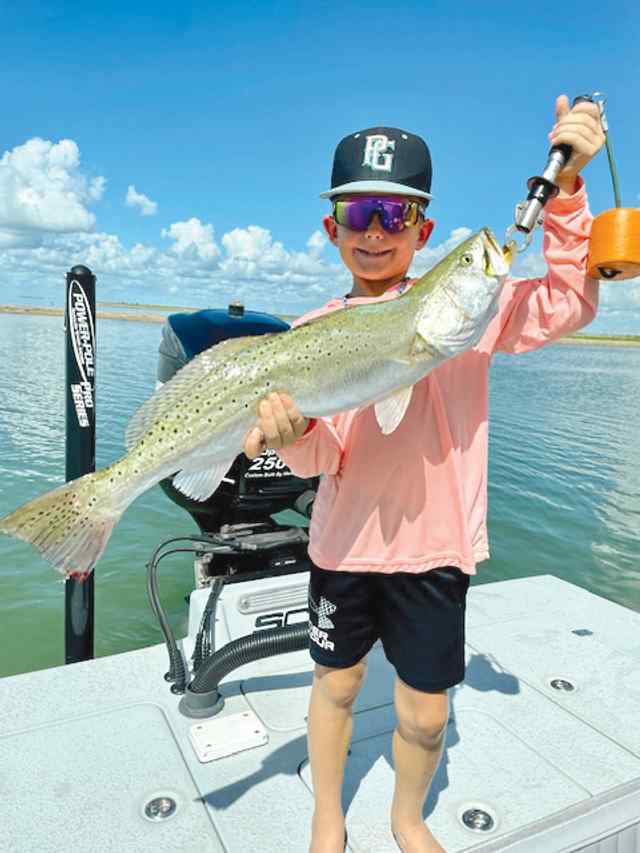 Connor Stripling 28" trout, caught on a MirrOlure Lil John tail matched with a Lews / Waterloo Ultra Mag rod setup