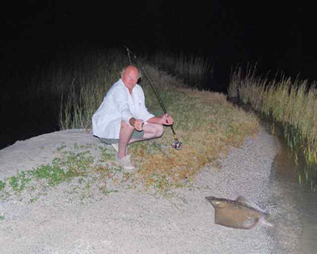 Carey Bratusek Powderhorn Lakestingray - more than 2 foot wide. Note the broken rod tip, I landed him on the fourth eye; it even broke the net. I got the hook out and he was released, nothing hurt but his pride.